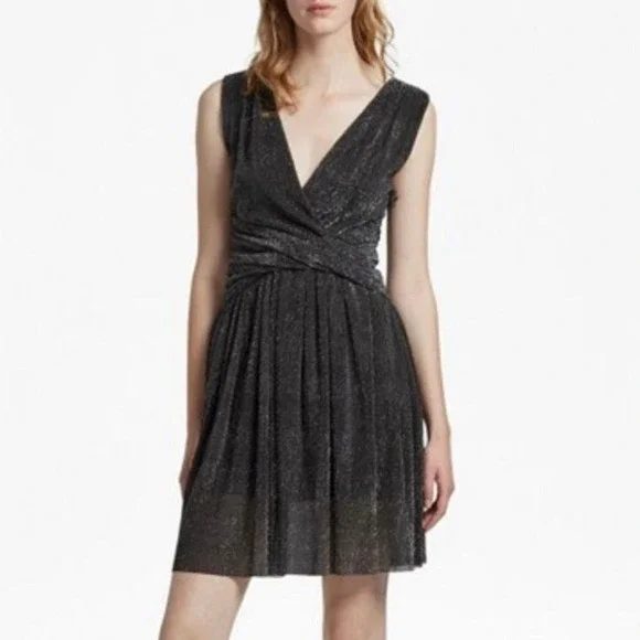 French Connection Marcelle Metallic V Neck Dress Charcoal Silver Size 6 NWT - Picture 13 of 14